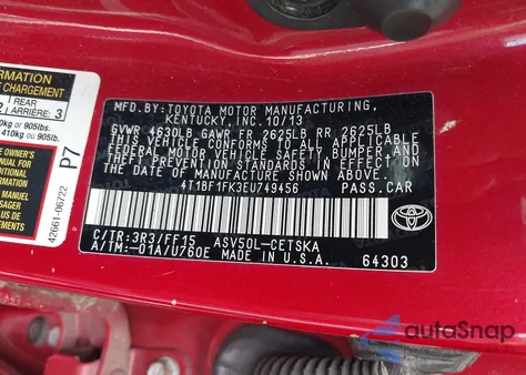 2014 Toyota Camry Se из США, поврежденный, VIN 4T1BF1FK3EU749456